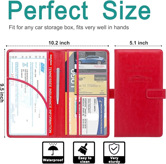 Car Registration and Insurance Holder, Leather Car Glove Box Organizer, Cool Car Accessories for ID, Driver's License Cards & Essential Document, Men&Women, Red
