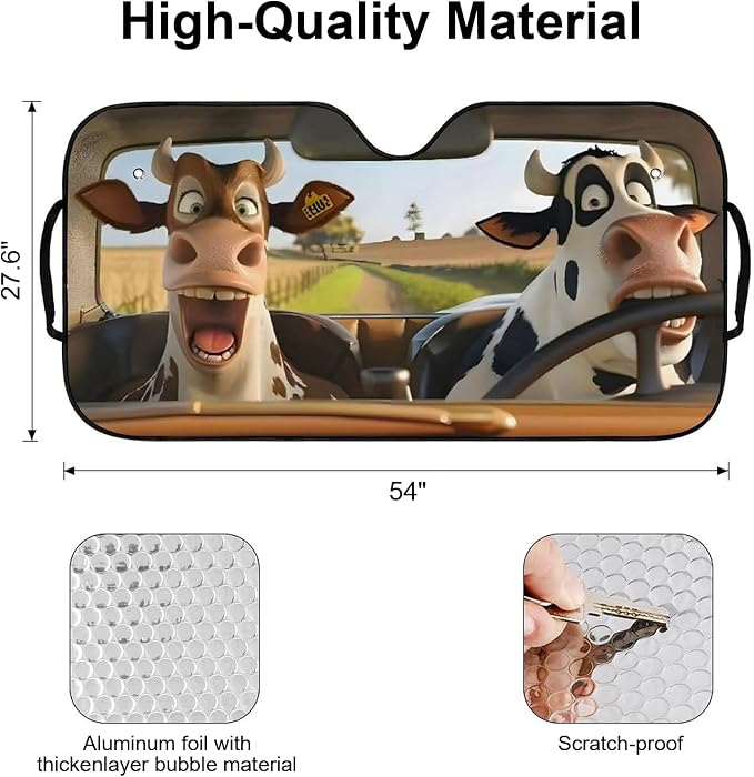 Funny Cows Foldable Windshield Snow Cover, Reflective Accordion Car Windshield Snow Cover, Sun Visor for Car Windshield, Ultimate Heat & UV Protection, Suitable for Most Cars, 54" L x 27.6" W