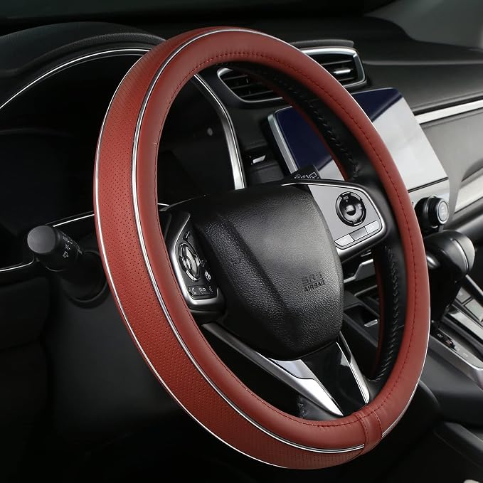 Claret Leather Steering Wheel Cover Fiber Strip Car Steering Wheel Cover Universal 15 inch for Women Girls