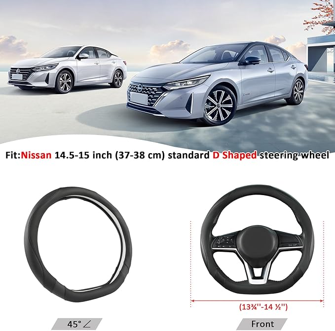 Flat Bottom Car Steering Wheel Cover for Nissan,D Shaped Steering Wheel Cover for Rogue,Altima,Kicks (Black-Standard Size)