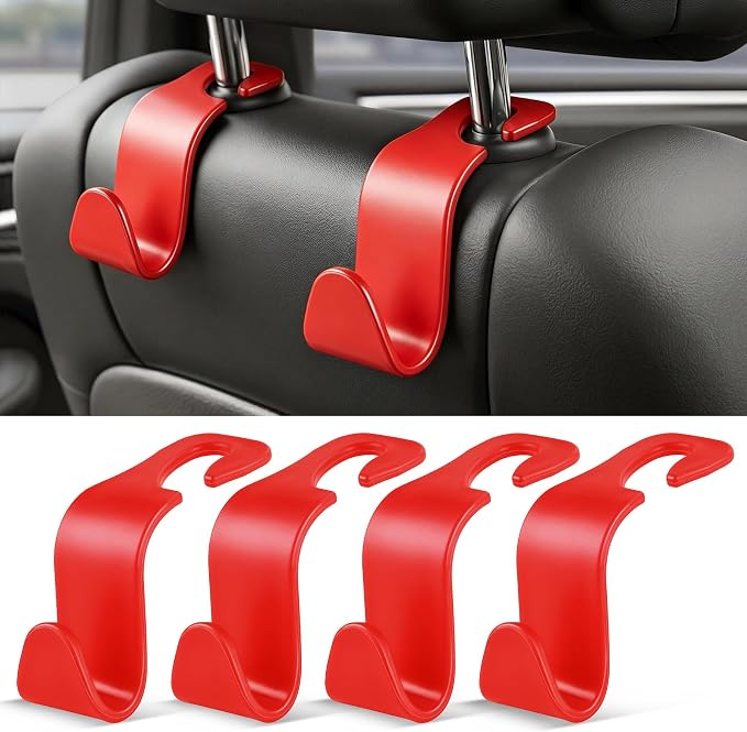 4 Pack Car Seat Headrest Hooks, Vehicle Back Seat Hanger Storage Organizer for Purse Handbag Backpack Coat Grocery, 360° Rotating Heavy Duty Holds 44lbs, Red