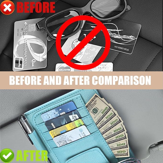 2 PCS Car Sun Visor Organizer, Small Auto Visor Organizer and Storage, Registration and Document Holder for Sunglasses, Card, Pen, Driver License, Car Accessories (Blue)