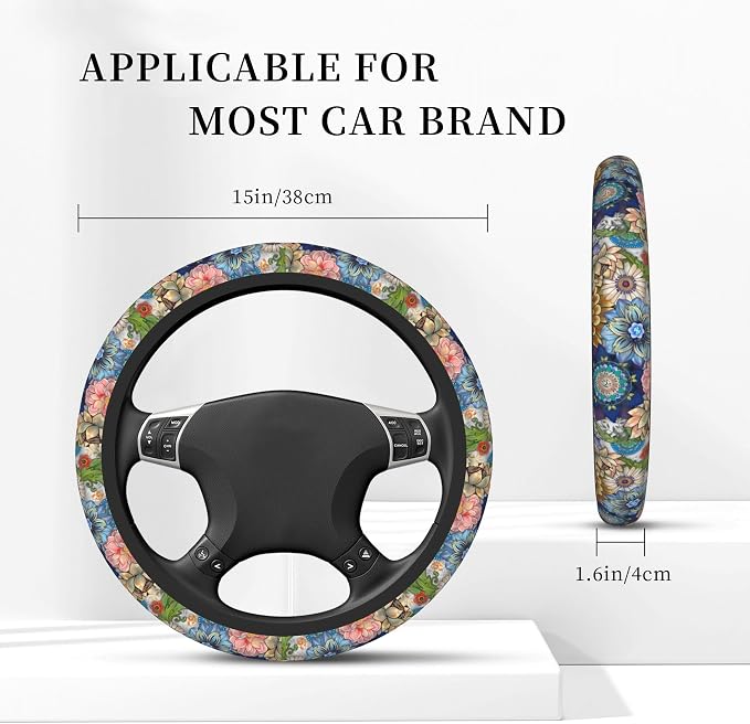 Colorful Boho Floral Bright Blossoms Print Cute Steering Wheel Cover for Women,Car Accessories Interior Decor Universal for SUV Sedan Trucks (15 Inch)