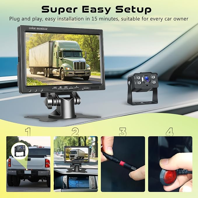 7" 2-Channel Truck Backup Camera Monitor kit No Lag Waterproof Induction Night Vision Reverse Camera + IPS Screen Rear View Monitor Vehicle Parking System for RV Bus Trailer Truck (49ft Video Cable)