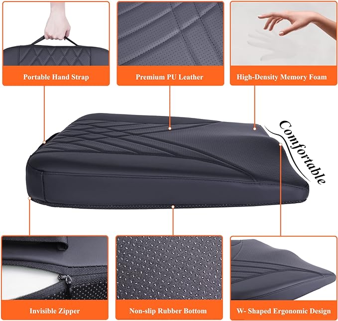 Premium Car Seat Cushion, Memory Foam Driver Seat Cushion to Improve Driving View- Coccyx & Lower Back Pain Relief - Seat Cushion for Car, Truck, Office Chair (Leather Black)