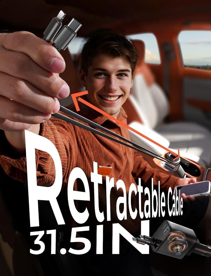 Retractable Car Charger 4 in 1 for Cars, 69W Retractable USB C Car Charger with 31.5in Cable, Fast Charging for iPhone 17 16 15 14 13 12 Pro Max Plus, Compact Cars Accessories for Daily Driving