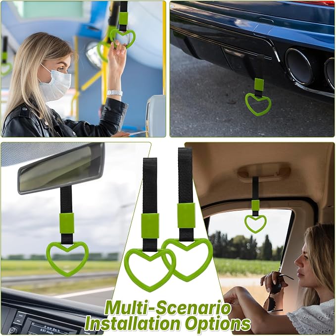 2 Pcs Heart Shaped Car Handle Strap – JD M Drift Charm Rear Bumper Warning Ring Decor for Car Interior Exterior, Subway Bus Handle Accessory, Cute Heart Car Decor Gift for Drivers (Green)
