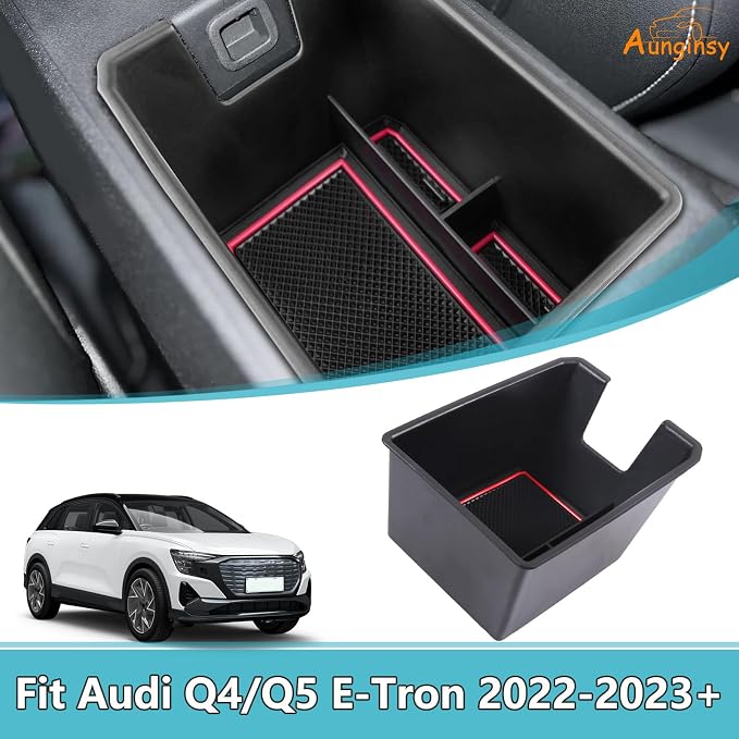 Armrest Storage Box Compatible with Audi Q4 E-Tron 2022 2023 2024 2025, Car Center Console Organizer Tray Armrest Box Insert Coin Container ABS Interior Accessories, With Door Lock Version