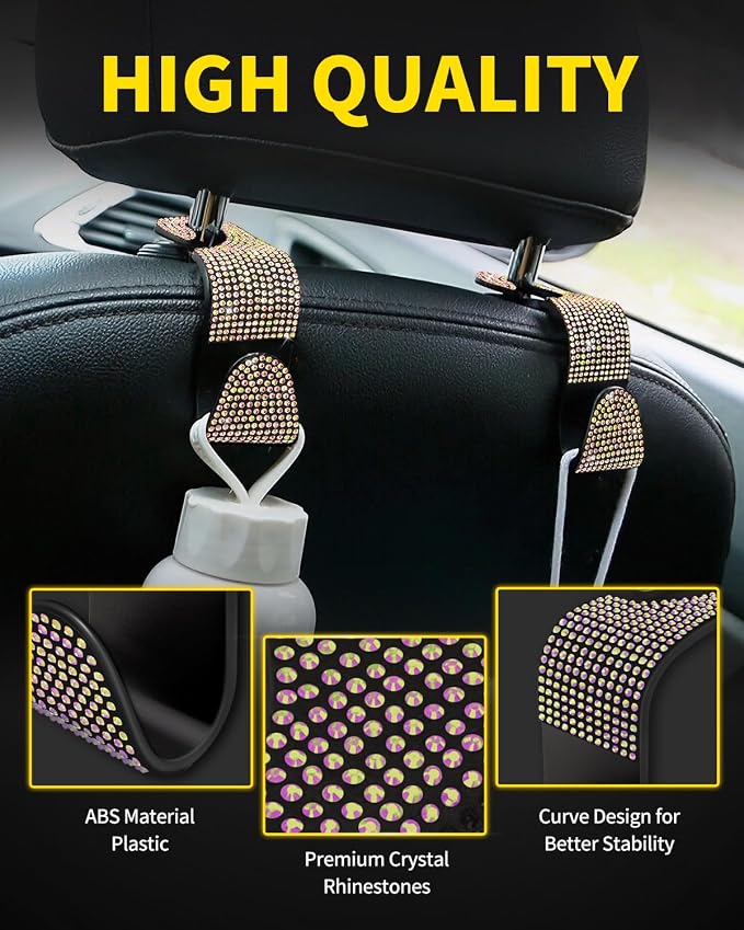 4 Pack Blink Diamond Car Seat Headrest Hooks Crystal Rhinestone Car Purse Holder Universal Car Interior Accessories for Handbags Water Bottles Purse Coats Umbrellas, Colorful