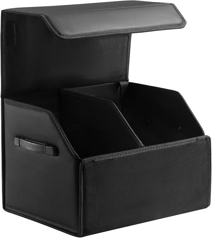 Car Trunk Organizer for SUV and Sedan, Black, 16.5 inches | Leather Storage Box, Magnetic Lid, Collapsible and Adjustable, Water‑Resistant & Dust‑Proof