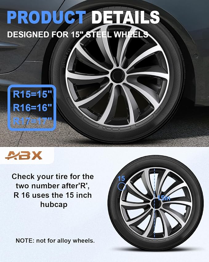 Hubcap Wheel Covers Hub Caps 15 Inch Set of 4 Black & Silver Universal Wheel Rim Cover R15 Stylish Car Decor Wheel Covers for Toyota Camry Nissan Mazda (Black&Silver, 15 inch)