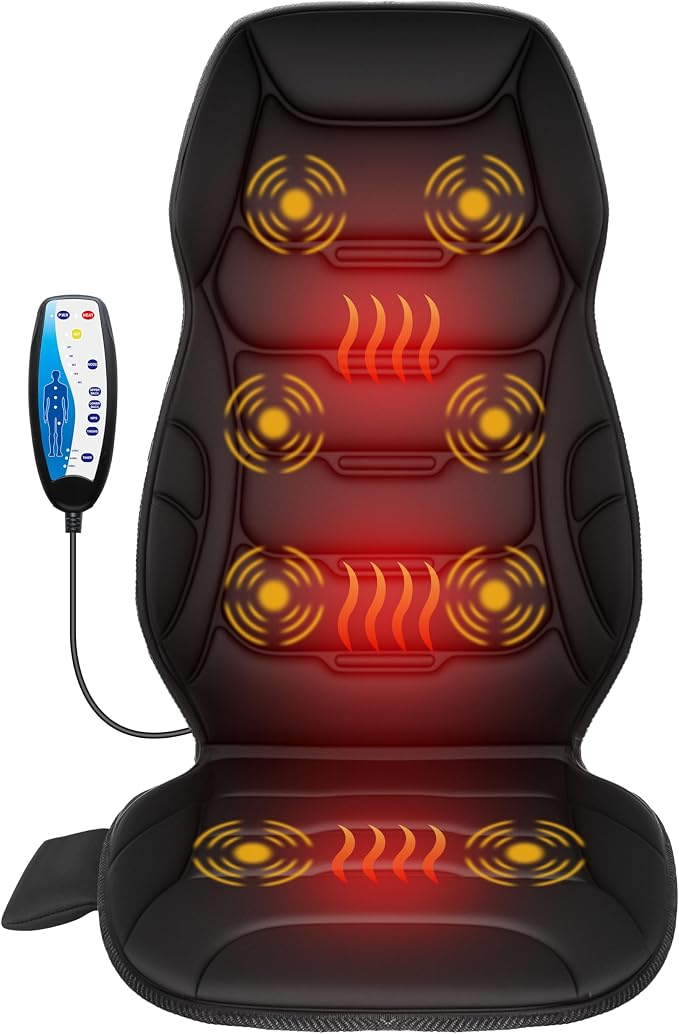 Back Massager with Heat, Vibration Massage Seat Cushion with 8 Massage Nodes & 5 Modes, Adjustable Chair Massager Pad for Home Office, Heated Chair Pad, Gifts for Women Men Mom Dad