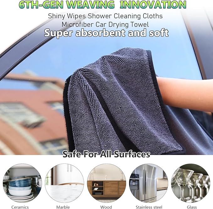 Shiny Shower Wipes Cleaning Cloths, Replacement Towel for Snap Grip Mini Mop, Shiny Shower Cleaning Cloths, Shower Doors Drying, Streak Free Glass Car Mirror Floor (3, 6"X12"Refill)