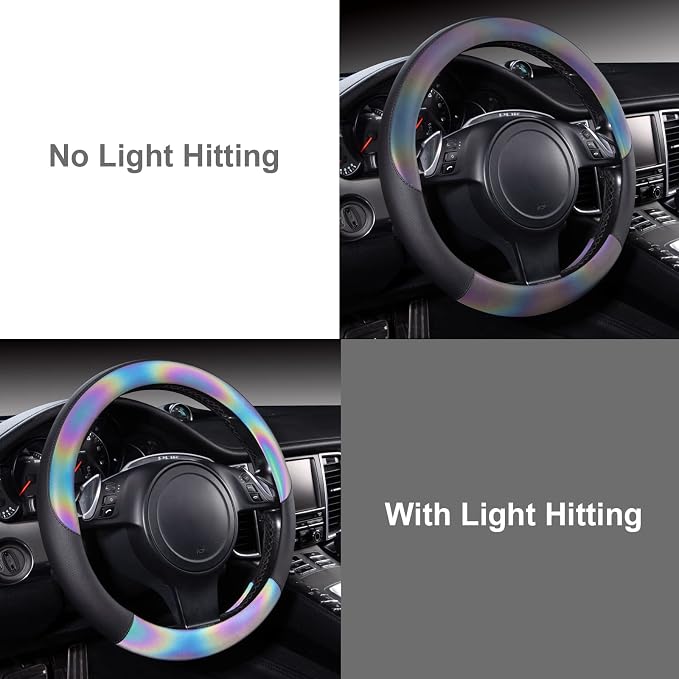 Chameleon Iridescent Reflective PU Leather Steering Wheel Cover,15Inch Universal Fit for 95% Suvs,Sedans,Vans,Trucks for Unique Cute Women Lady Girly(Black Colorful Color Change) Multicolor