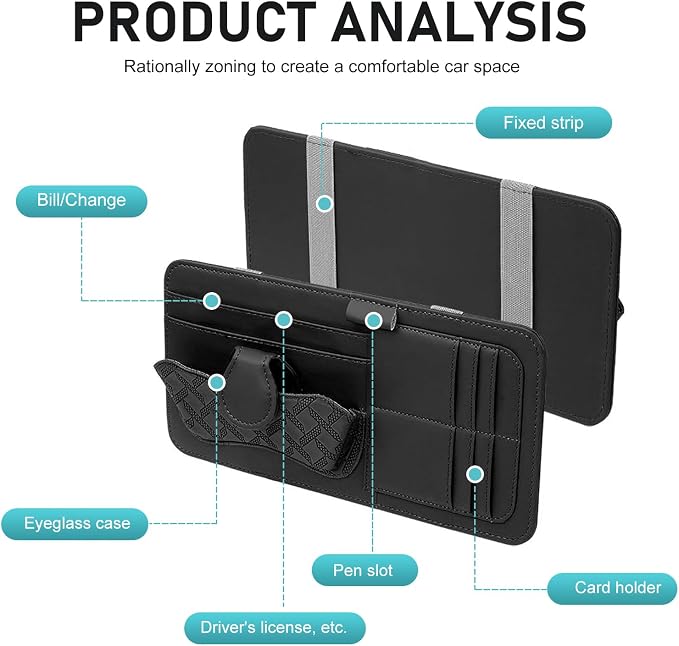 Car Sun Visor Organizer, Multi-functional Vehicle Storage Clip with Sunglasses Holder Document Holder, PU Minimalist Stylish Storage Interior Organizer, for Most Vehicles (Black)