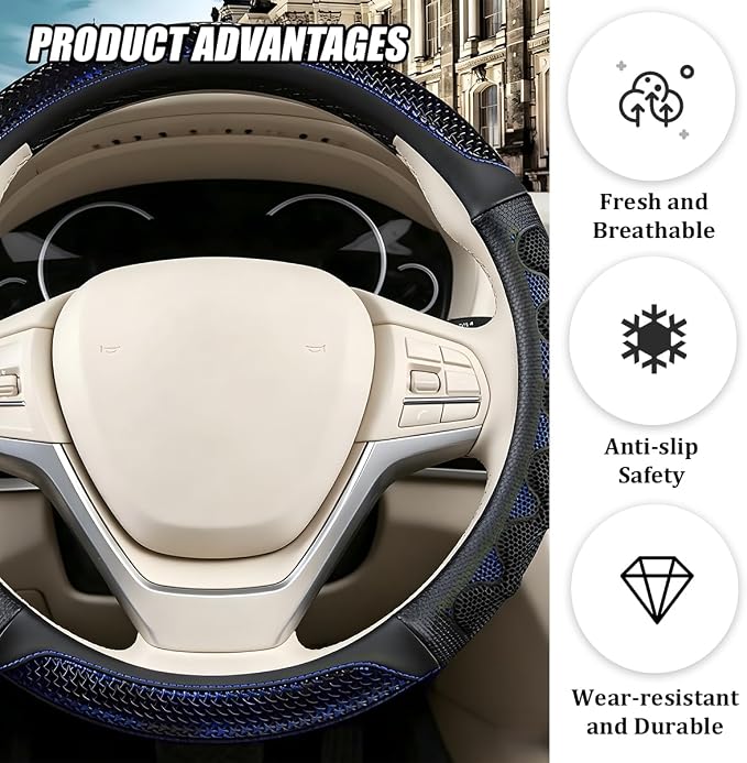Car Steering Wheel Cover, 14.5-15" Anti-Slip Steering Wheel Protector with 3D Honeycomb Massage Grip, Comfortable Auto Interior Decor Accessories, Universal for SUV Van Truck (Black/Blue)