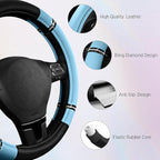Road Comfort Leather Steering Wheel Cover – Premium Anti-Slip Car Steering Wheel Grip Cover – Universal Fit for 14.5”–15” Cars, Trucks & SUVs - Blue