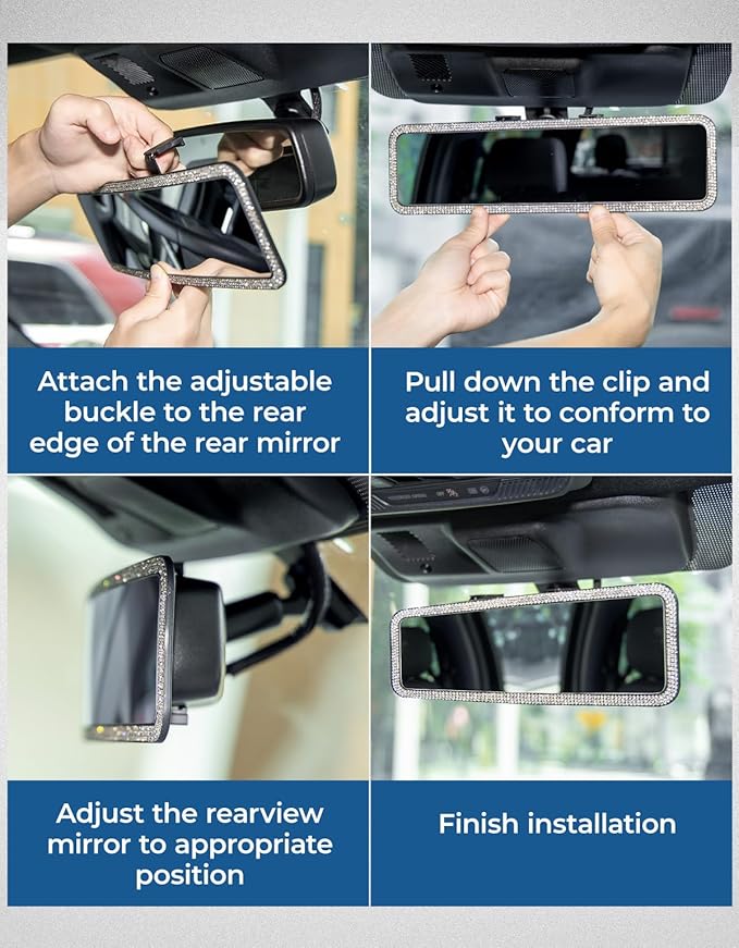 Rear View Mirror, Universal 12 Inch Panoramic Rearview Accessories with Bling Rhinestones Crystal Diamonds Edge, Interior Clip-on Wide Angle Rear View Mirror -White