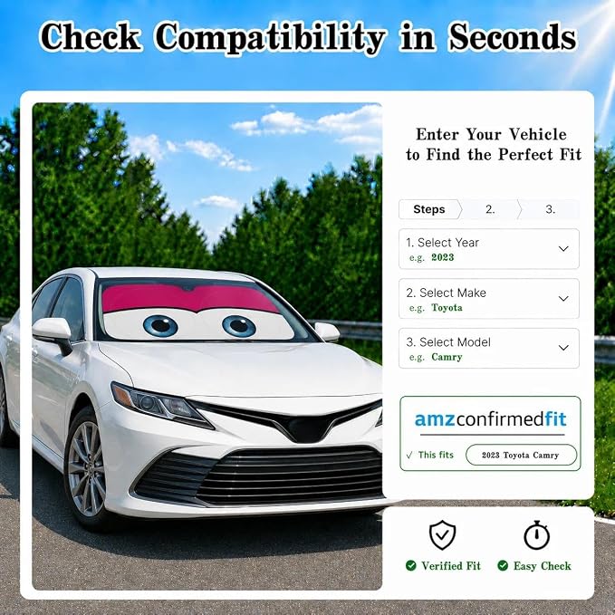 Car Windshield Sun Shade, Universal Fit Midsized Sedan SUV, Cute Pink | 63 x 31.5" Windshield Cover, Foldable Front Window Sunshade, UV Heat Protection, Cute Eyes Series