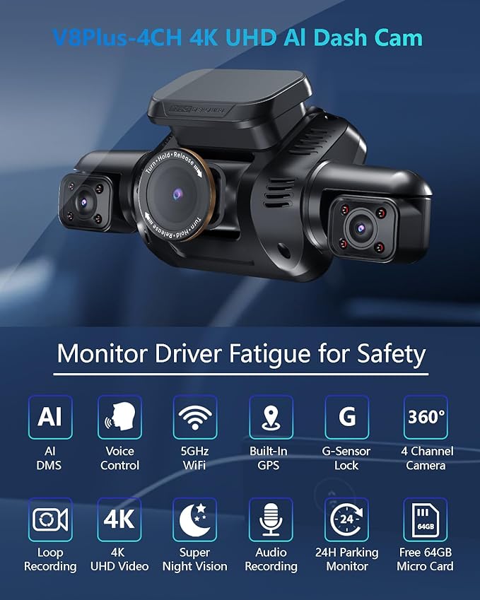 AI Dash Cam Front Rear Inside with Driver Monitor System, 360° Car Camera 4K, 4 Channel Camera for Cars, WiFi GPS, Dashcam 64GB SD Card, Night Vision, 24H Parking Mode, Upgrade DMS V8Plus