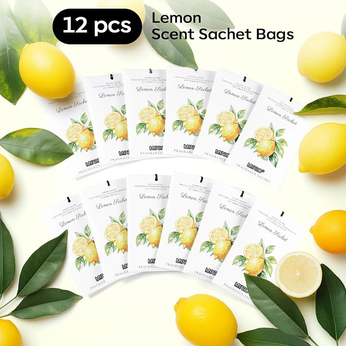 12 Packs Lemon Scented Sachets for Drawer Closet Bathroom Odor Eliminator - Fresh Home Fragrance Car Air Frehener