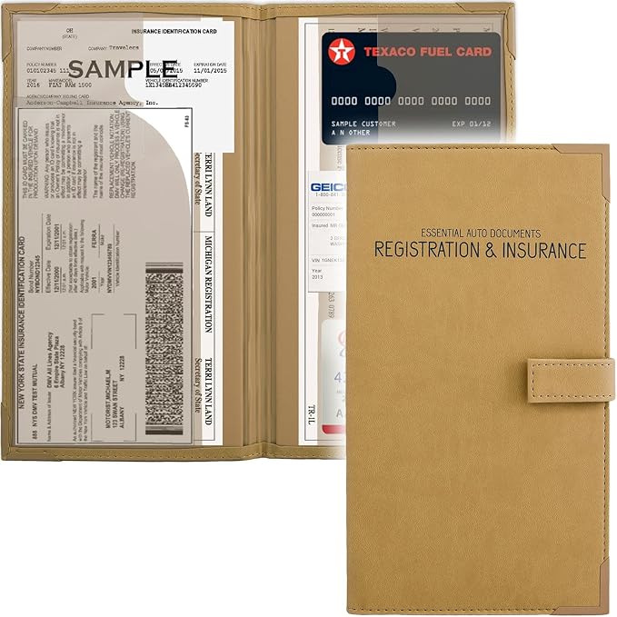 Registration and Insurance Card Holder - Car Organizer - Beige | Vehicle Glove Box Document Organizer, Auto Essential Paperwork Holder for Contact Information Cards, Interior Car Accessories