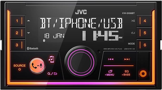 KW-SX88BT Bluetooth Double DIN Car Stereo, 200W Digital Stereo Receiver, AM/FM Radio, Dual Phone Connection, 13-Band EQ, 1.5A USB & AUX Inputs, Custom Color Illumination, Shallow Chassis