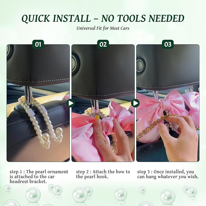 2 PCS Bow Pearl Car Seat Headrest Hook – Cute Purse Hook for Car, Girly Interior Decoration Accessories Hook Hanger, Seatback Holder for Purses & Bags, Elegant Car Organizer (Galactic Green)