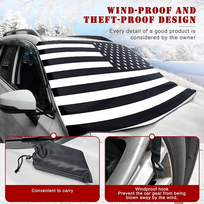 1 PC Car Windshield Snow Cover, American Flag Design Snow & Ice Protection De-Frost Cover, 69" x 42" Four Seasons Universal Shade Anti-UV Cover, Auto Universal Accessories (Black)