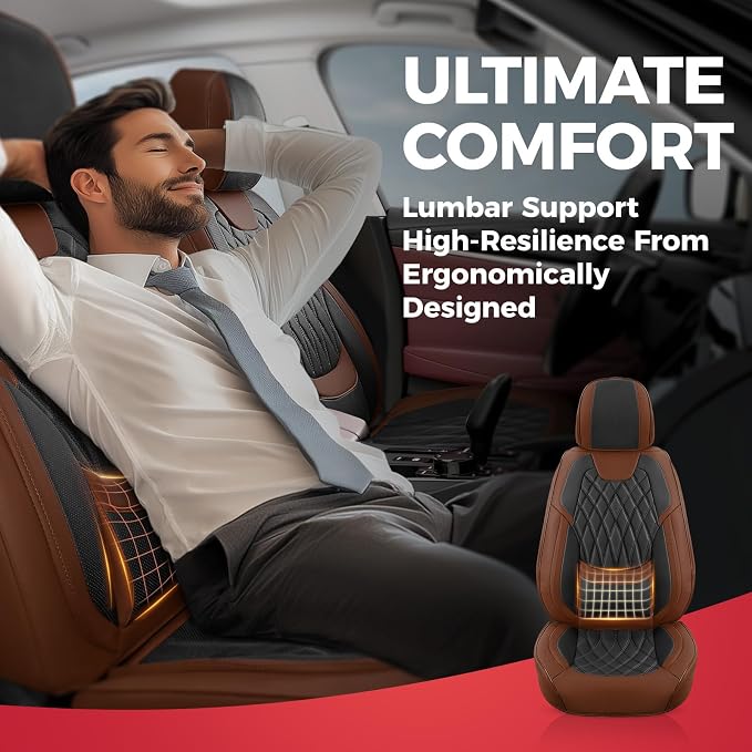 Black Brown Car Seat Covers Full Set - Faux Nappa Leather Seat Covers for Cars, Breathable Waterproof Front Seats Protector with Lumbar Support, Universal Fit for Automotive Sedan SUVs Pickups