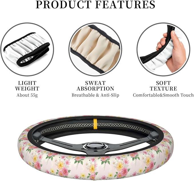 Floral Steering Wheel Cover, 15 Inch Universal Fit, Neoprene Anti-Slip & Breathable Car Protector, Durable Auto Interior Accessories for Women and Men