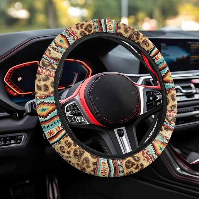 Car Steering Wheel Cover Universal 15 Inch Auto Accessories Car Interior Decoration for Women Men Fit SUV Sedan Van Truck, Vintage Aztec Leopard Print