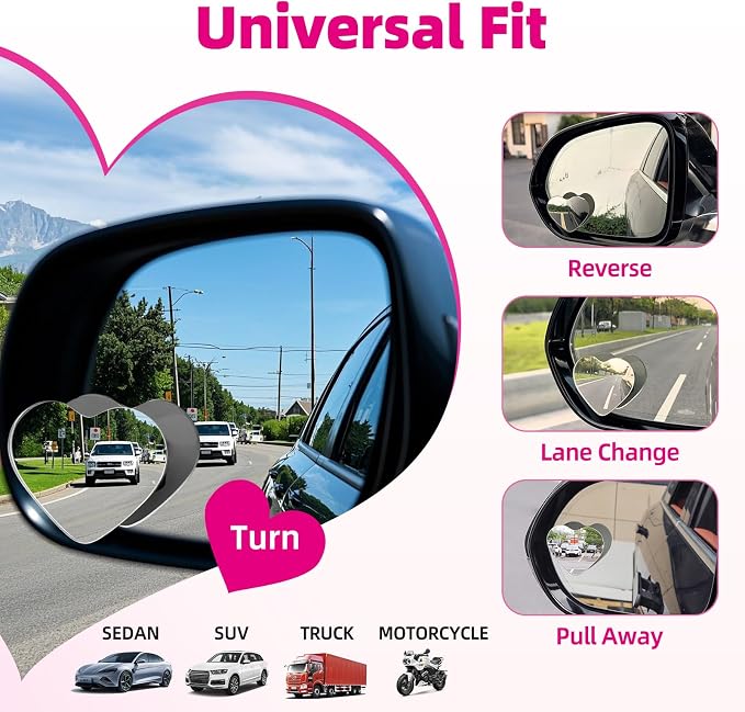 Heart Shaped Blind Spot Mirrors for Car 2 Pack - HD Glass Frameless, Adjustable Angle Wide View Convex Mirror Stick to Side Mirror Blindspot, Cute Girly Heart Car Accessories for Women