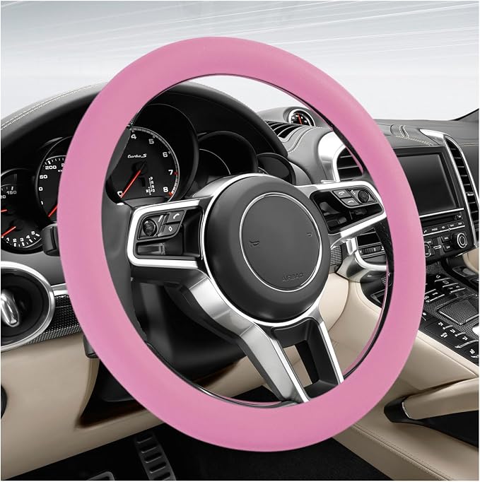 Car Steering Wheel Cover, 13 to 14.17 inches Anti-Slip Silicone Steering Wheel Protector, Soft Flexible Shock-Absorbent Steering Wheel Protective Cover for Most Car Models (Pink)