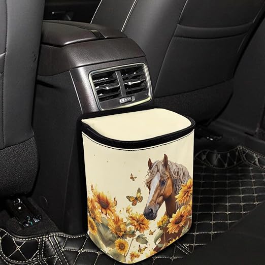 Horse Sunflower Butterfly Print Car Trash Can with Lid, Leak Proof Auto Trash Bag Hanging Vehicle Garbage Can Multipurpose Storage Container for Back Seat Road Trip