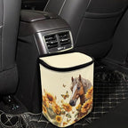 Horse Sunflower Butterfly Print Car Trash Can with Lid, Leak Proof Auto Trash Bag Hanging Vehicle Garbage Can Multipurpose Storage Container for Back Seat Road Trip