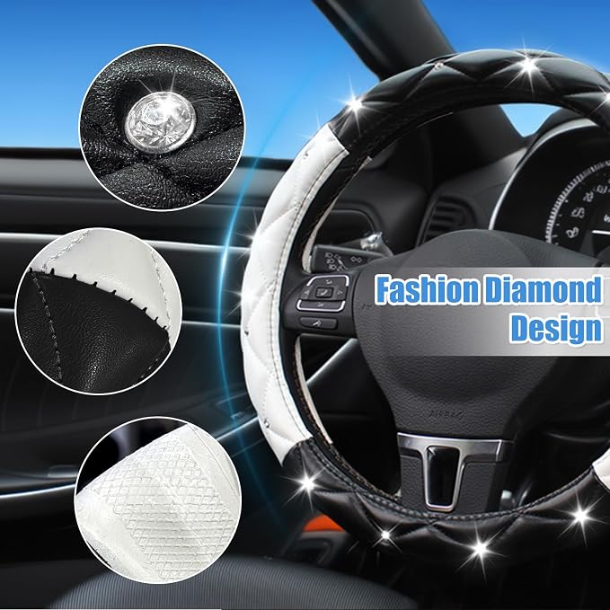 Black and White Steering Wheel Cover, Auto Cute PU Diamond Bling Comfort Leather Car Interior Accessories Protector Sparkly Fit Most O-Shaped Steering Wheels