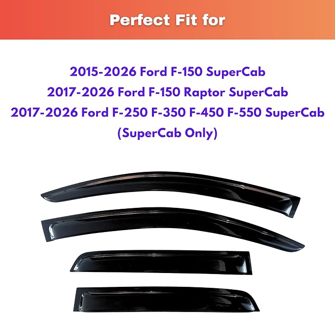 KPY Rain Guards Fit for 2015-2026 Ford F150 SuperCab, Out-Channel Window Visors Vent Deflectors 4PC, Truck Accessories for 2017-2026 F150 Raptor F250 F350 F450 F550 Super Duty SuperCab (Extended Cab)