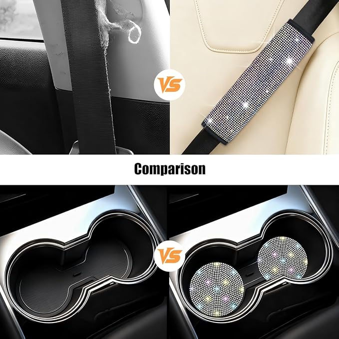 11PCS/Set Bling Car Accessories Set for Women, Rhinestone Vehicle Steering Wheel Cover Seat Belt Cushion Gear Shift Protector Cup Holder Coaster, Universal Automotive Accessories (Multicolor)