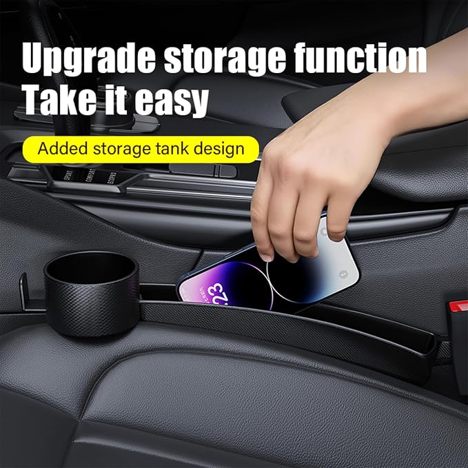2 Pack Dual Car Seat Gap Filler with Cup Holder, Car Gap Plug Seat Fillers with Black-Carbon Fiber Texture for Cars SUV Trucks, Console Side Gap Organizer Storage, Fit for 1'' Seat Console Gap