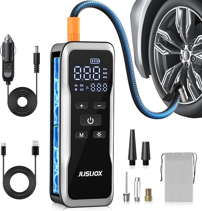 Tire Inflator Portable Air Compressor, Dual Power (Cordless & 12V DC) Air Pump for Car Tires, 150PSI Fast Air Pump for Moto, Bike, Large Capacity Battery, Digital Gauge with Emergency LED Light