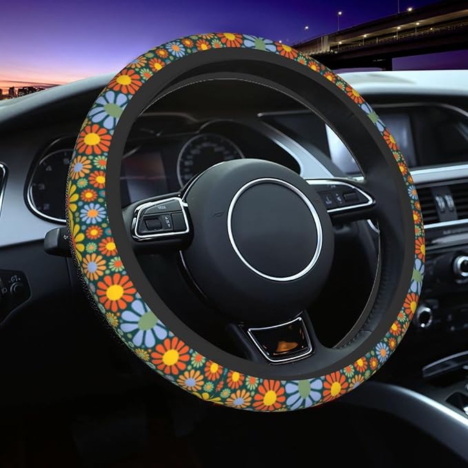 Hippie Daisy Flower Steering Wheel Cover for Women Men with 2 Pcs Car Coasters, Universal 14.5-15 Inch Rainbow Steering Wheel Covers Non-Slip Car Accessories for Girls