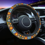 Hippie Daisy Flower Steering Wheel Cover for Women Men with 2 Pcs Car Coasters, Universal 14.5-15 Inch Rainbow Steering Wheel Covers Non-Slip Car Accessories for Girls