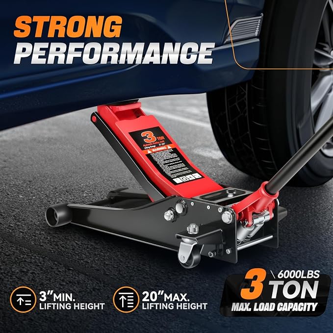 3 Ton Low Profile Floor Jack, Heavy Duty Steel Hydraulic Car Jack with Dual Pistons Quick Lift Pump, Hydraulic Racing Floor Jack, Lifting Range 3" to 20", Black/Red