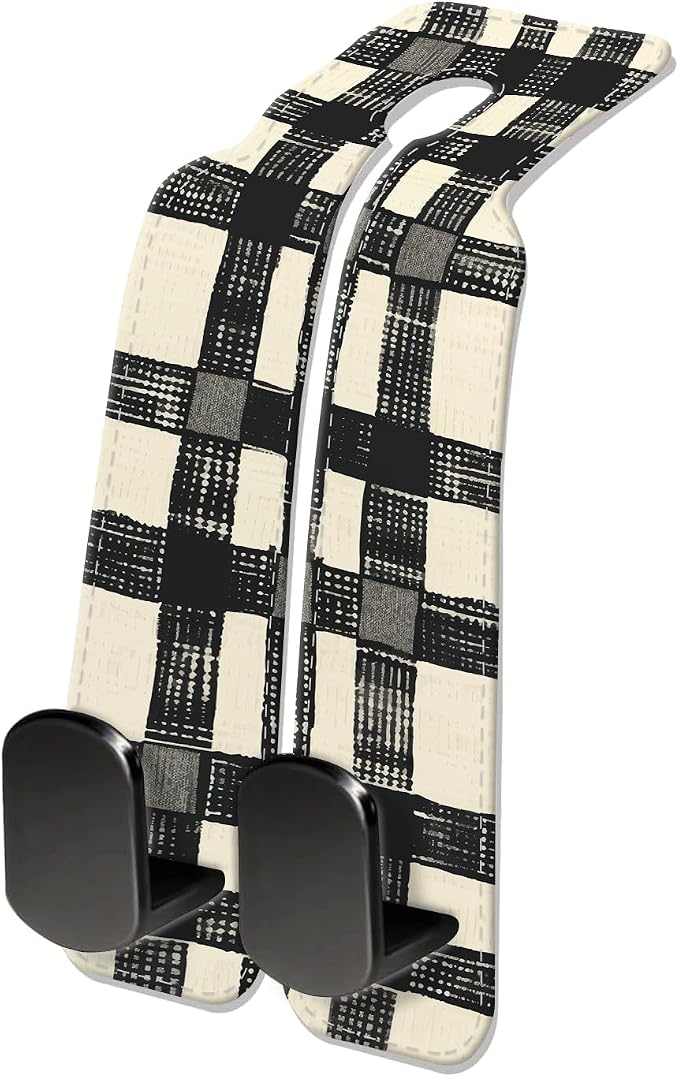 Car Seat Headrest Hook, Universal Leather Cute Hanger Holder Hook, Storage Organizer Interior Accessories for Purse Bags Handbag Black White Plaid