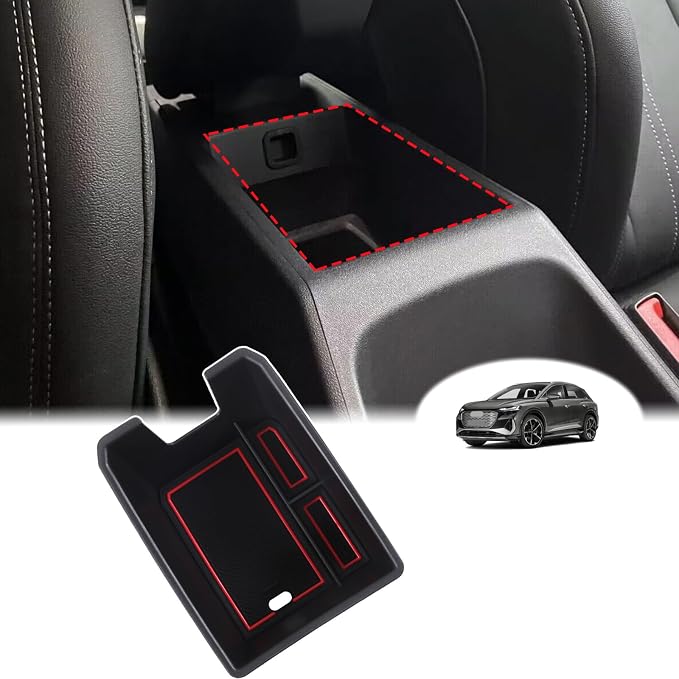 Armrest Storage Box Compatible with Audi Q4 E-Tron 2022 2023 2024 2025, Car Center Console Organizer Tray Armrest Box Insert Coin Container ABS Interior Accessories, With Door Lock Version
