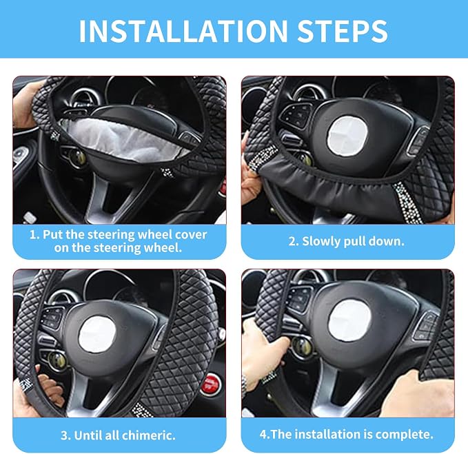 Bling Car Steering Wheel Cover, 15 Inch Rhinestones Soft Leather Elastic Steering Wheel Protector, Sparkly Crystal Diamond for Women, Car Interior Accessories for Most Cars (Blue)