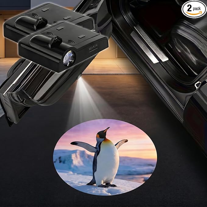 2PCS Penguin Car Door Lights Projector,Magnetic Logo Projector Door Lights, Wireless LED Welcome Puddle Light, Penguin Car Accessories Decor,Penguins Gifts for Women Men, Fit All Vehicles Motorcycle