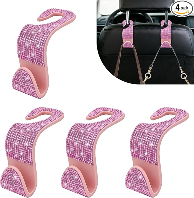 4PCS Bling Car Seat Headrest Hooks, Purse Holder for Car, Vehicle Back Seat Purse Handbag Hanging Holder with Crystal Rhinestone, Diamond Car Rear Seat Organizer for Vehicles (Pink)