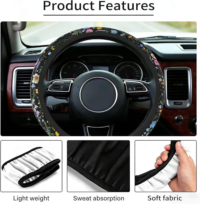 Car Steering Wheel Cover for Women Men, Non-Slip Breathable Steering Wheel, Wildflower Steering Wheel Protector, Car Accessories, Universal 14" 02/2-15" Fit Auto, Suvs